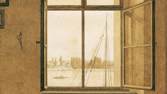 Zeichnung von Caspar David Friedrich in Sepia-Tönen: Blick aus einem schlichten Fenster über einen Fluss.