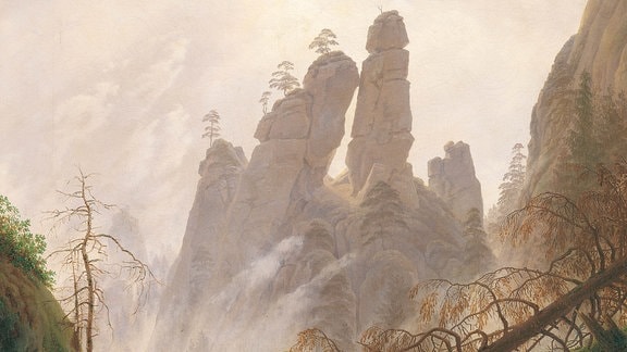 Gemälde von Caspar David Friedrich: Fast senkrecht aufragende Felsen bei Rathen im Elbsandsteingebirge.