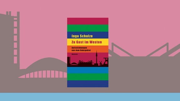 Cover des Buches, Mehrere farbige horizontale Streifen, auf einem eine scherenschnittartige Stadtlandschaft.