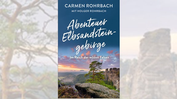 Buchcover mit der Aufschrift "Abenteuer Elbsandsteingebirge ", darauf eine Fotografie einer Felsenformation im Elbsandsteingebirge