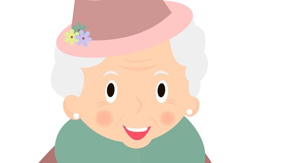 Zeichnung einer alten Frau mit Hut und Gehstock