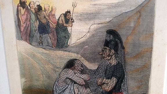 Blick in die Ausstellung "Antike auf die Schippe genommen. Karikaturen von Honoré Daumier (1808-18799"