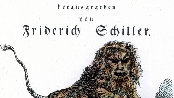 Cover der Erstausgabe von Schillers "Die Räuber" mit einem Löwen auf dem Titelblatt.