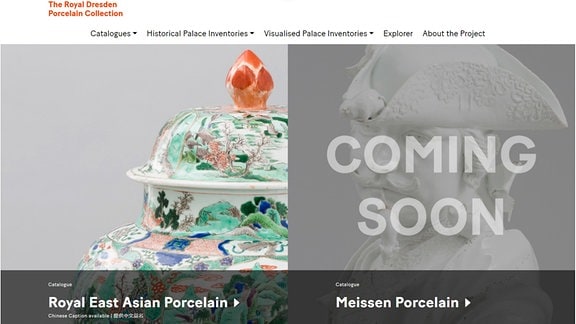 Screenshot der Webseite "Royal Dresden Porcelain Collection", auf dem der Deckel eines bunt bemalten Porzellangefäßes und eine weiße Porzellanfigur mit Hut zu sehen ist.