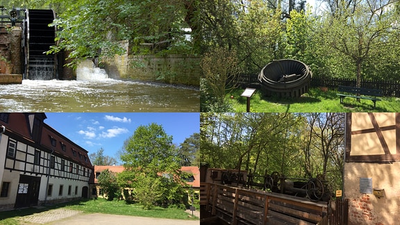 Collage aus vier Bilder von der Dölitzer Wassermühle.