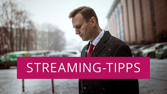 Nawalny trägt einen Anzug und blickt nach unten, Aufnahme im Profil, daneben der Schriftzug Streaming-Tipps