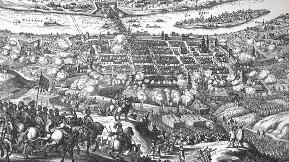 Belagerung Frankfurts an der Oder durch Gustav II. Adolf 1631, nach einem Kupferstich von Matthias Merian 1637