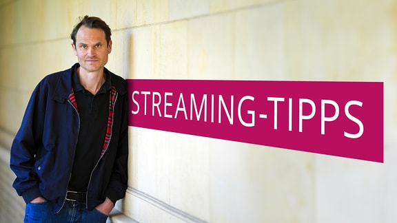 Der Schauspieler Fabian Hinrichs lehnt schräg an der Wand, daneben der Schriftzug Streaming-Tipps.