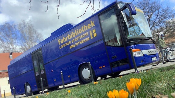 Ein blauer Bus der Leipziger Stadtbibliothek vor einer Wiese mit Krokussen. 