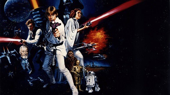 Ein Star-Wars-Filmplakat: Menschen in verschiedenen Kostümen und Laserschwertern
