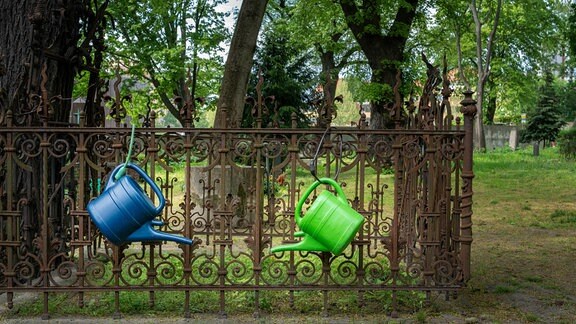 zwei Gießkannen hängen an einen Zaun auf einem Friedhof 