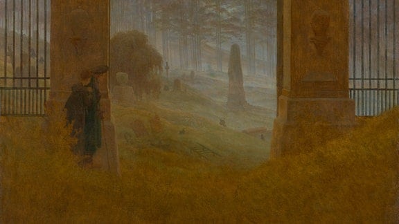 Ein Gemälde von Caspar David Friedrich zeigt den Eingang zu einem Friedhof, der von zwei hohen Steinsäulen und Eisengitter begrenzt wird.