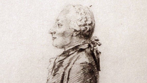 Friedrich Melchior Grimm, schwarz-weiß Zeichnung eines Mannes im langen Frack, mit Perücke.  