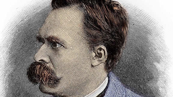 eine Zeichnung des Philosophen Friedrich Nietzsche mit seinem riesigen Oberlippenbart