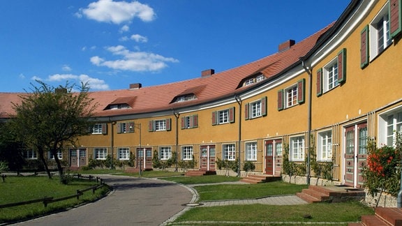 Blick in die Gartenstadt Piesteritz: Eine runde Häuserreihe mit gelben Fassaden.