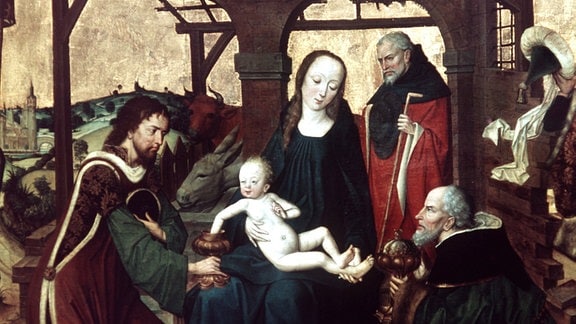 Ausschnitt des Gemäldes Anbetung der Heiligen drei Könige vom Meister des Marienlebens (um 1465).