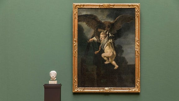 "Ganymed in den Fängen des Adlers", daneben eine Porträtbüste auf einem Sockel
