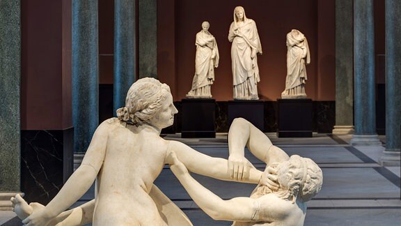Antike Skulpturen in weiß in einem Ausstellungsraum