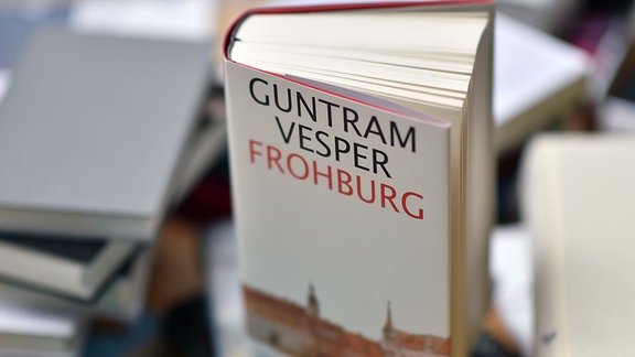 Der mit dem Leipziger Buchpreis ausgezeichnete Roman "Frohburg" von Guntram Vesper liegt 2016 auf der Leipziger Buchmesse in Leipzig auf einem Tisch. 