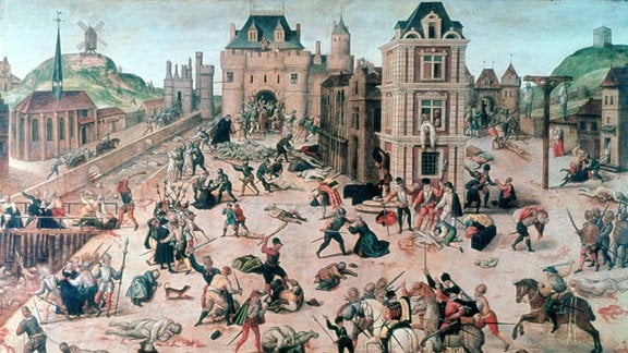 Paris während der Bartholomäusnacht 1572, zeitgenössisches Gemälde von François Dubois: Le massacre de la Saint-Barthélemy