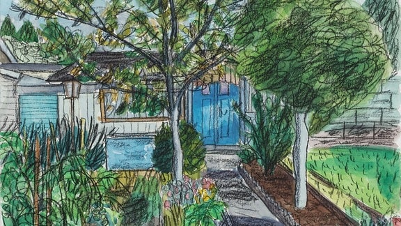 Gemaltes Bild zeigt einen Kleingarten mit einem haus mit blauer Tür darin. 