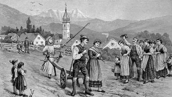 Hochzeitsbräuche in Österreich, Steiermark, gemeinsames Ackerpflügen des Brautpaares, historische Illustration aus dem Jahr 1880