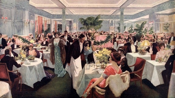 Auf einer Illustration sieht man den Speisesaal eines Hotels um 1900 in London
