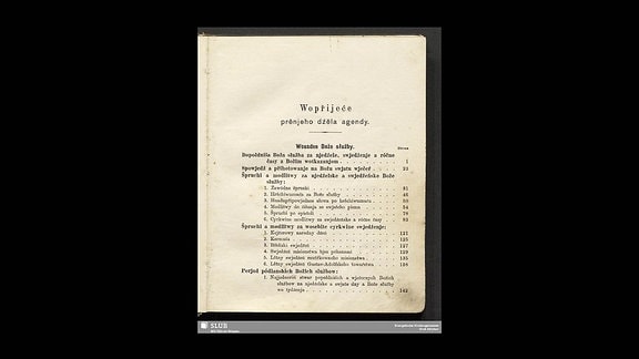 Inhaltsverzeichnis der historischen obersorbischen Ausgabe der Preußischen Agende mit Titel "Agenda za ewangelsku krajnu cyrkej"