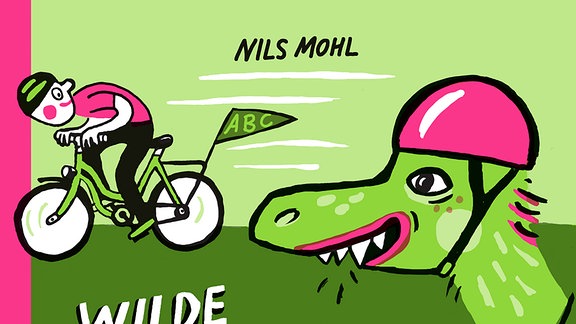 Buchcover von Wilde Radtour mit Velociraptorin, ein Krokodil mit pinkem Helm fährt auf einem Fahrrad