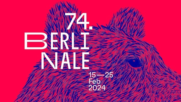 Das Plakat zur Berlinale 2024, ein Bär in Blau und Rot ist zu sehen