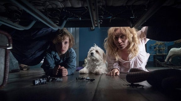 Szene aus dem Film "The Babadook" Eine Frau, ein Kind und ein Hund gucken im Dunklen unter ein Bett.