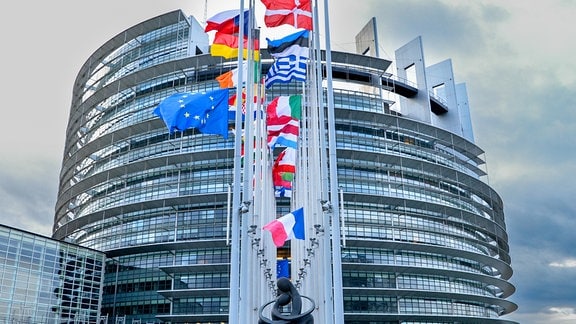 Ein rundes Gebäude mit Glasfront, davor reihen sich die Flaggen der Mitgliedsstaaten der Europäischen Union.