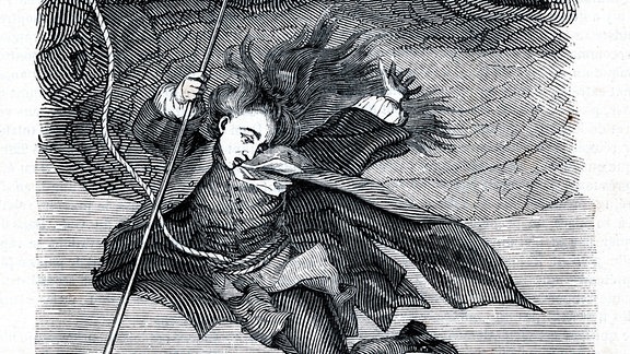 Illustrierte Szenen aus "Nicolais Klims unterirdische Reise" von Ludvig Holberg: Hier fällt Klim durch das Innere der hohlen Erde.