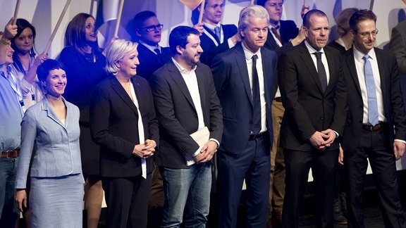 Frauke Petry, Marine Le Pen, Matteo Salvini, Geert Wilders, Harald Vilimsky und Marcus Pretzell, 2017