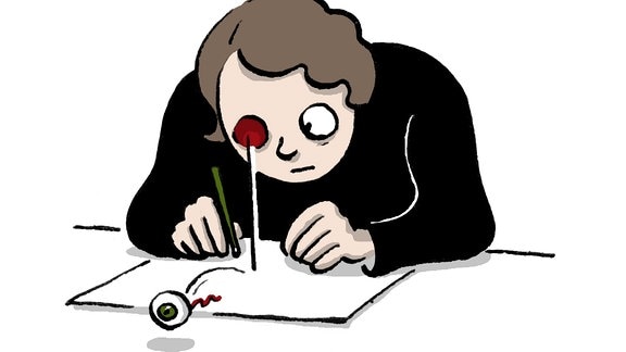 Zeichnung einer Frau, die über über ein Schreibheft gebückt sitzt und der das rechte Auge auf den Tisch fällt.