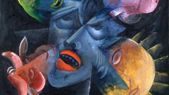Abstraktes Gemälde: Eine blaues Gesicht mit roten Lippen umgeben von Blumen, einem Mondgesicht und einer Art Sonne