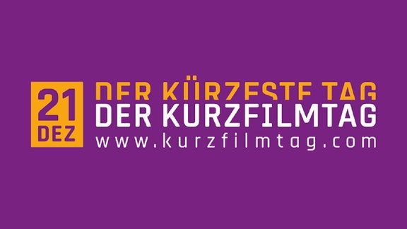 Ein gelb-violett-weißes Text-Logo: 21. Dez- Der Kürzester Tag, Der Kurzfilmtag.