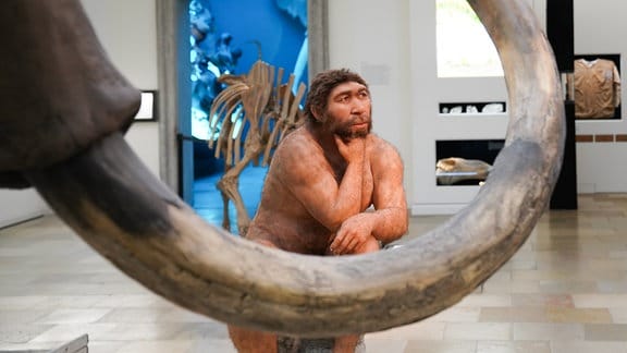 Der große Stoßzahn eines Mammuts und eine hyperrealistische Plastik eines sitzenden Urzeitmenschen