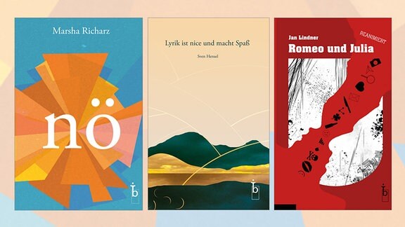Cover der drei Bücher, die im jungen Brimborium-Verlag Leipzig erschienen sind: 'Nö', 'Lyrik ist nice und macht Spaß' und 'Romeo und Julia: reanimiert'