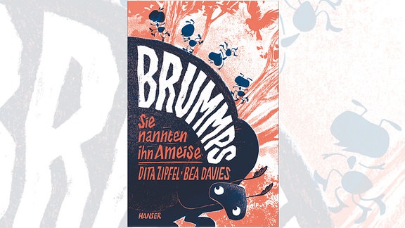 Cover des Buches "Brummps - Sie nannten ihn Ameise": Ein in Rot- und Blautönen gestaltetes Buch-Cover mit der Zeichnung einer Ameise darauf