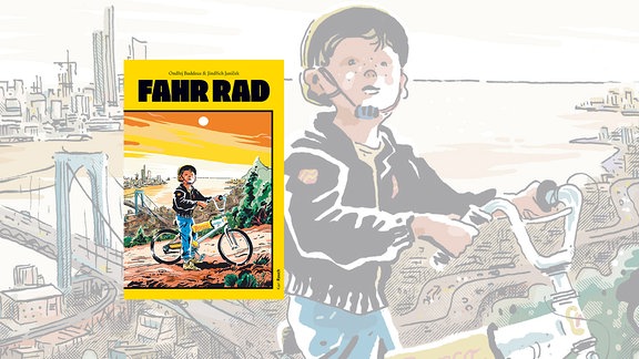 orange-gelb farbenes Cover mit Jungen auf einem BMX-Fahrrad im Comicstyle