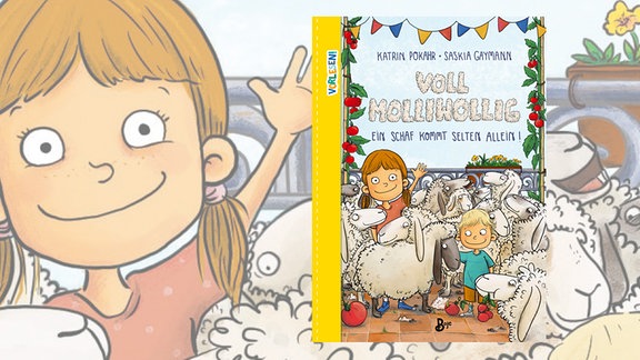 Buchcover: eine Zeichnung von einem Kind umgeben von vielen Schafen