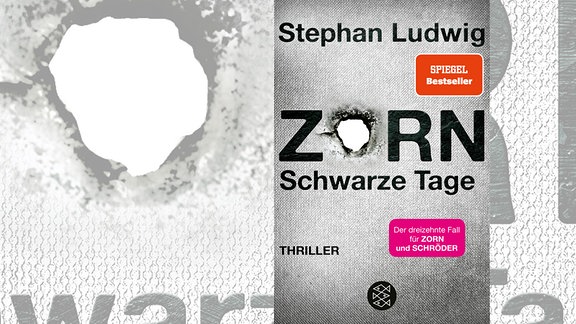 Cover des Buches "Zorn. Schwarze Tage" von Stephan Ludwig: grauer Hintergrund mit Einschussloch, darauf der Name des Buches und des Autors