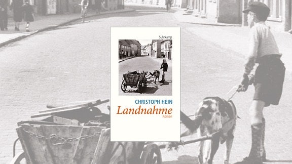 Cover von Christoph Heins Buch "Landnahme" mit historischem Bild eines Jungen, der einen Wagen zieht. 