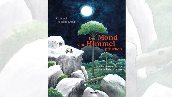 Den Mond vom Himmel pflücken. Geschichten von Panda und Eichhörnchen   -  Das Buch-Cover zeigt einen kleinen Panda und ein Eichhörnchen, die auf einem Felsen liegen und in den Nachthimmel mit Vollmond schauen.