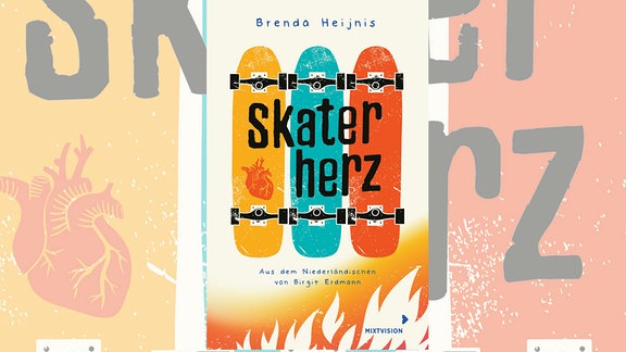 Cover des Buchs "Skaterherz" mit einer bunten Grafik von drei Skateboards.