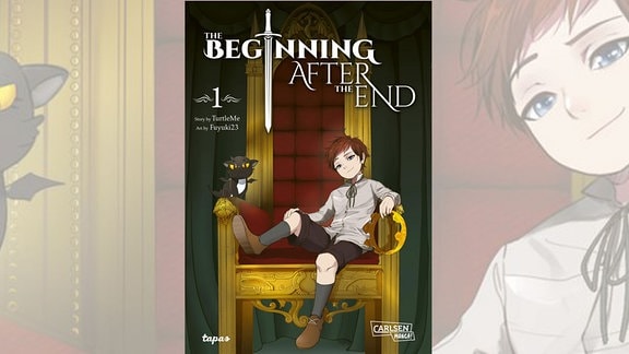 Cover des Mangas "Beginning after the End" zeigt einen Jungen und eine Katze auf einem Thron.
