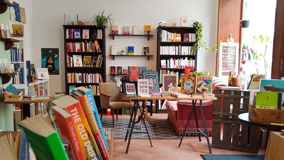 Blick in einem Raum, mit vielen Büchern, die auf Tischen und in zwei Regalen stehen