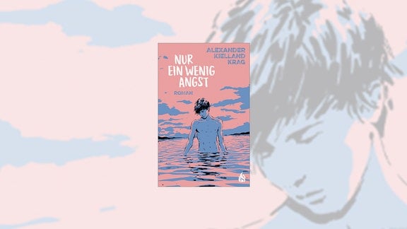 Zu sehen ist eine Comic-Zeicnung, darin steht ein oberkörperfreier junger Mann bis zum unteren Bauch im Wasser, das Bild ist in den Farben blau und rosa gehalten.