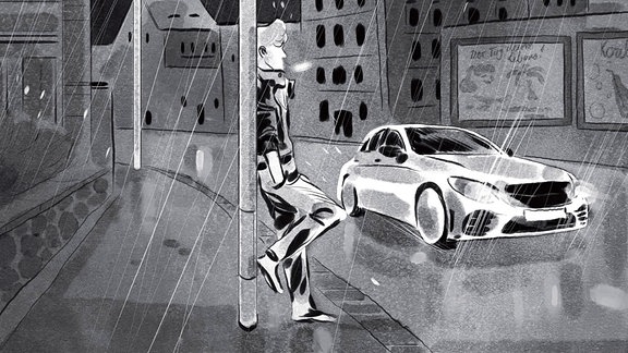 Szene aus einem Comic in schwarz-weiß in der eine Person im Regen an einer befahrenen Straße an einer Straßenlaterne lehnt